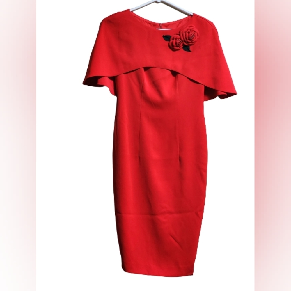 70. Elegant Red Midi Dress with Floral Detail